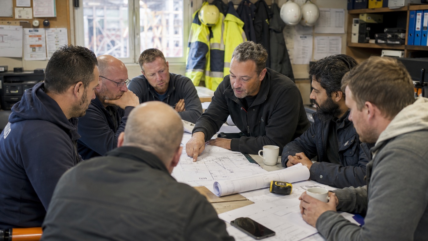 Site meeting in the cabin, with a phone on the table