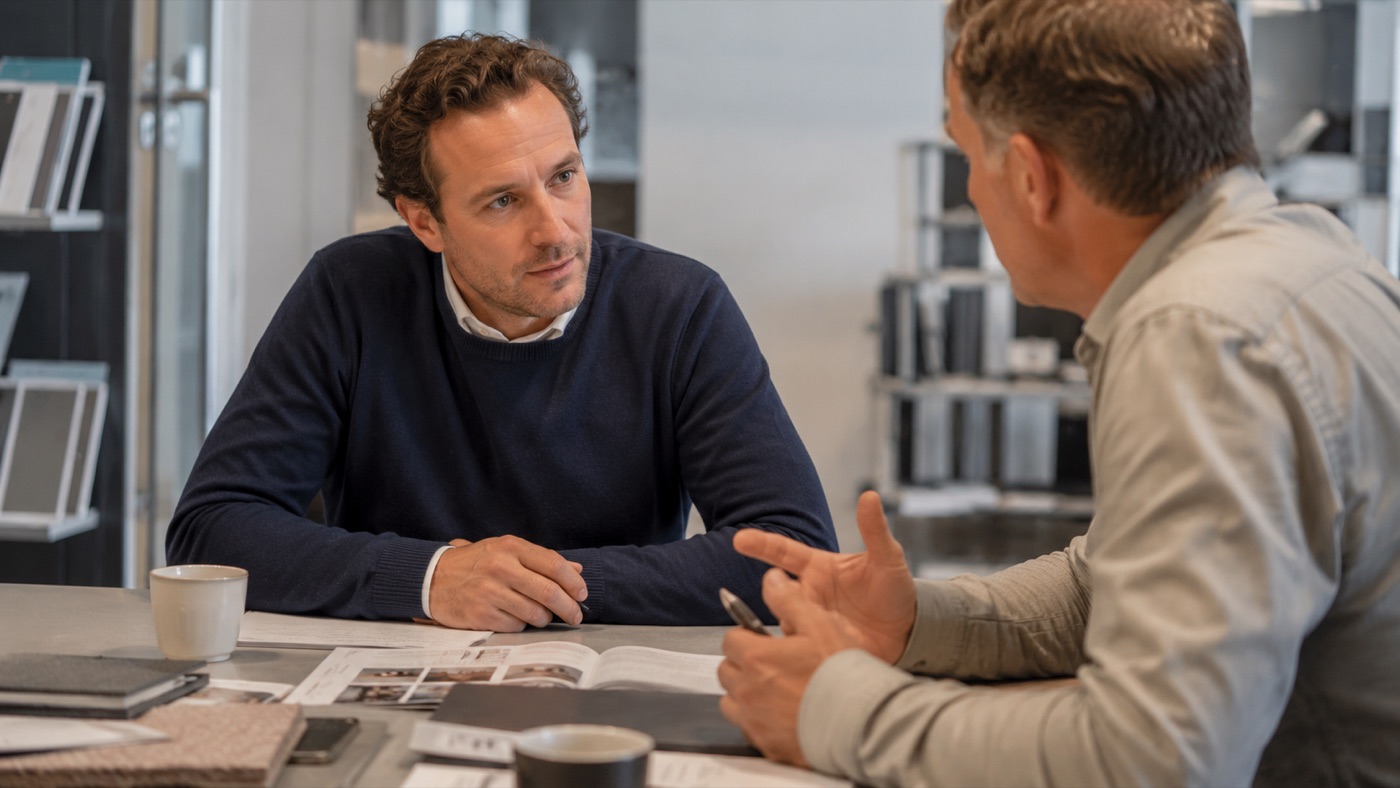 Salesgesprek aan tafel, met alle aandacht voor de klant